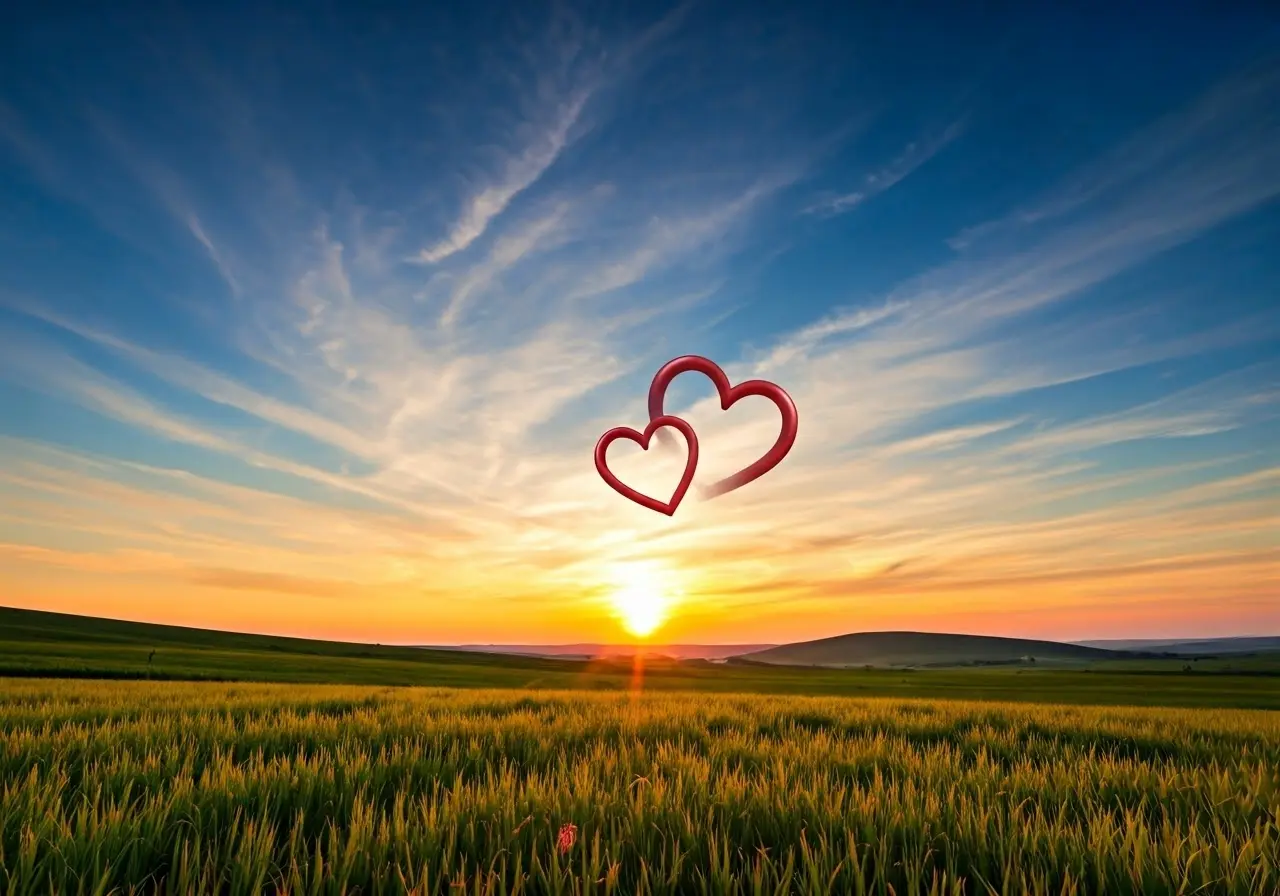 A serene landscape with two interlocking hearts in the sky. 35mm stock photo