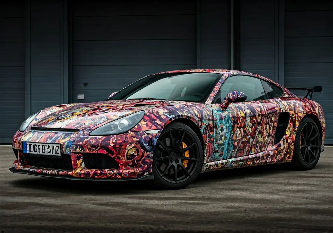 A sleek sports car adorned with a colorful custom wrap. 35mm stock photo