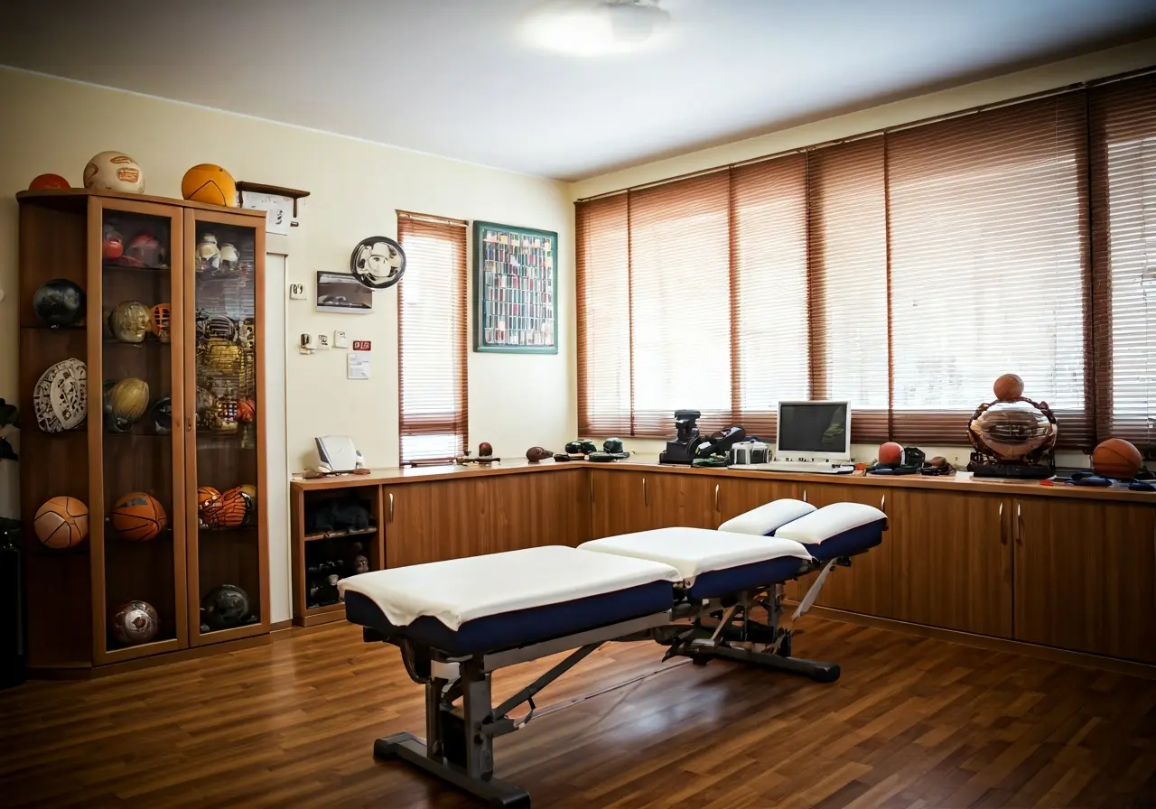 A chiropractor&rsquo;s office with sports-related equipment on display. 35mm stock photo