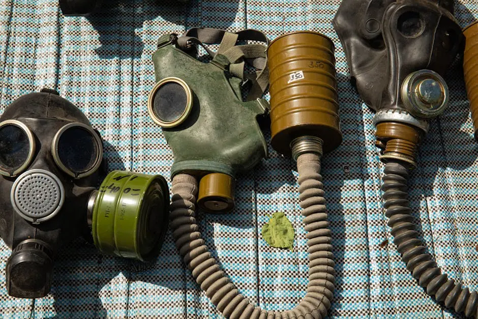 Collection of vintage gas masks placed on a patterned surface, highlighting safety and protection themes.