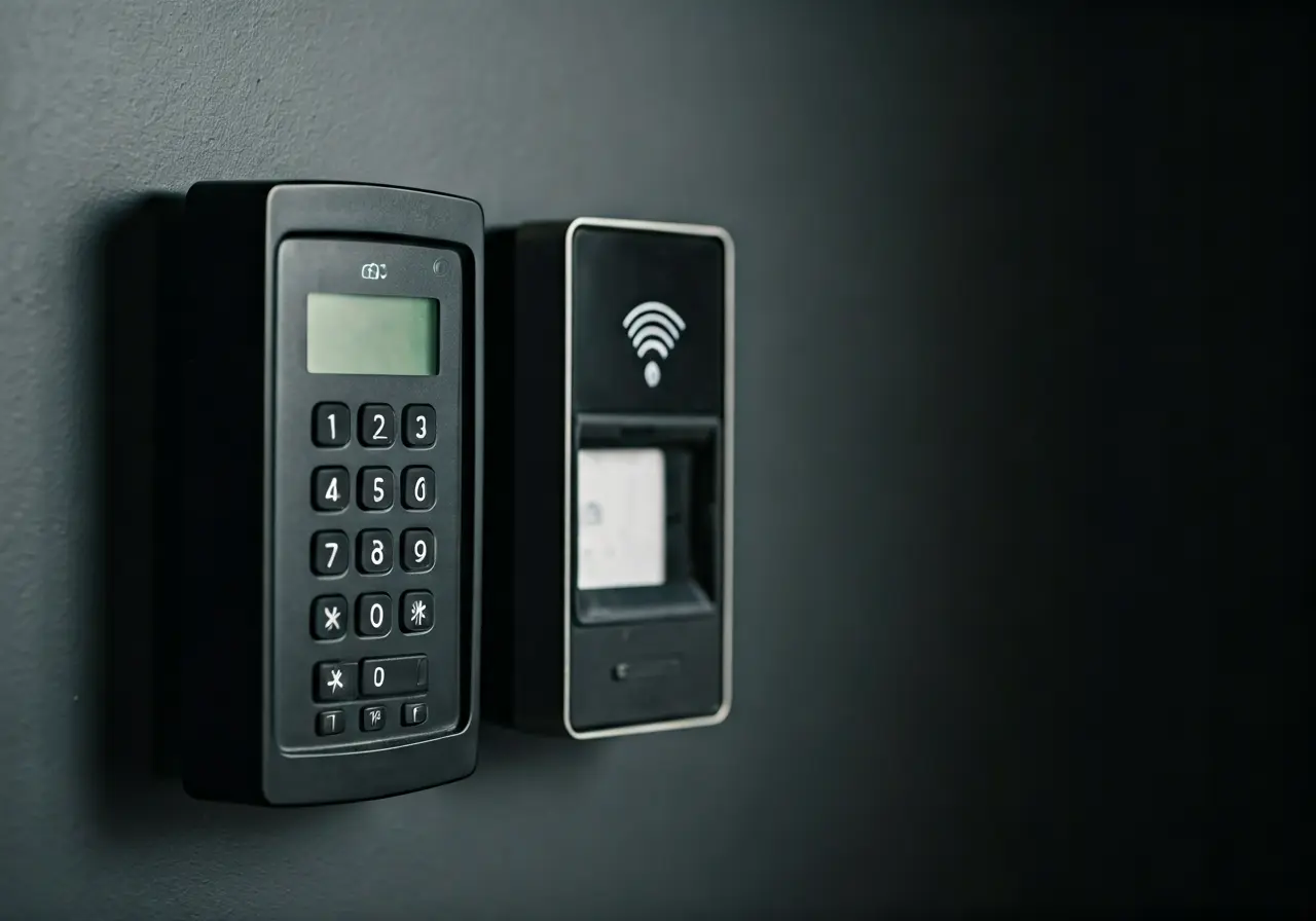 A digital keypad and RFID card reader on a wall. 35mm stock photo