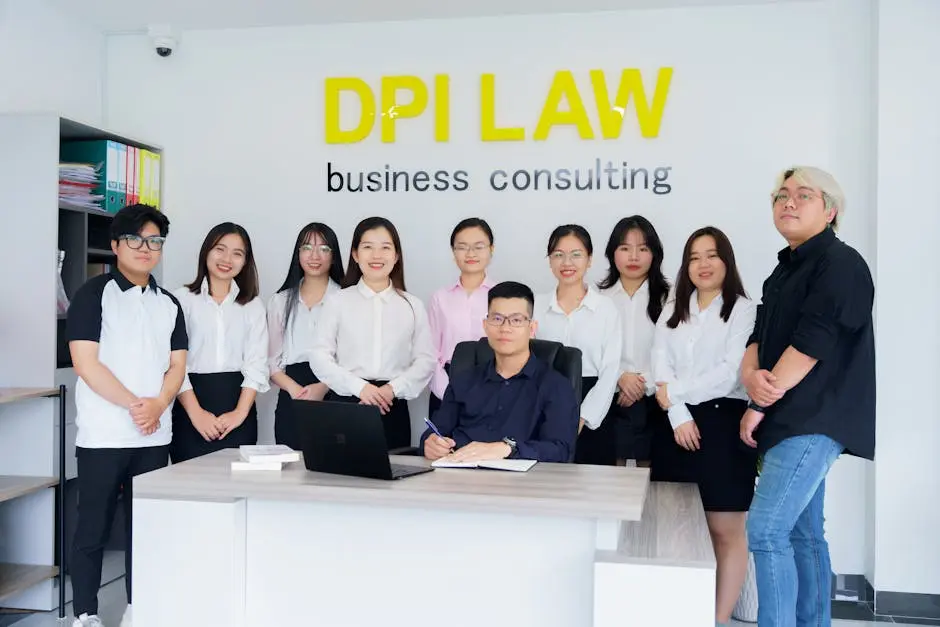 A diverse group of professionals in a business consulting office setting.