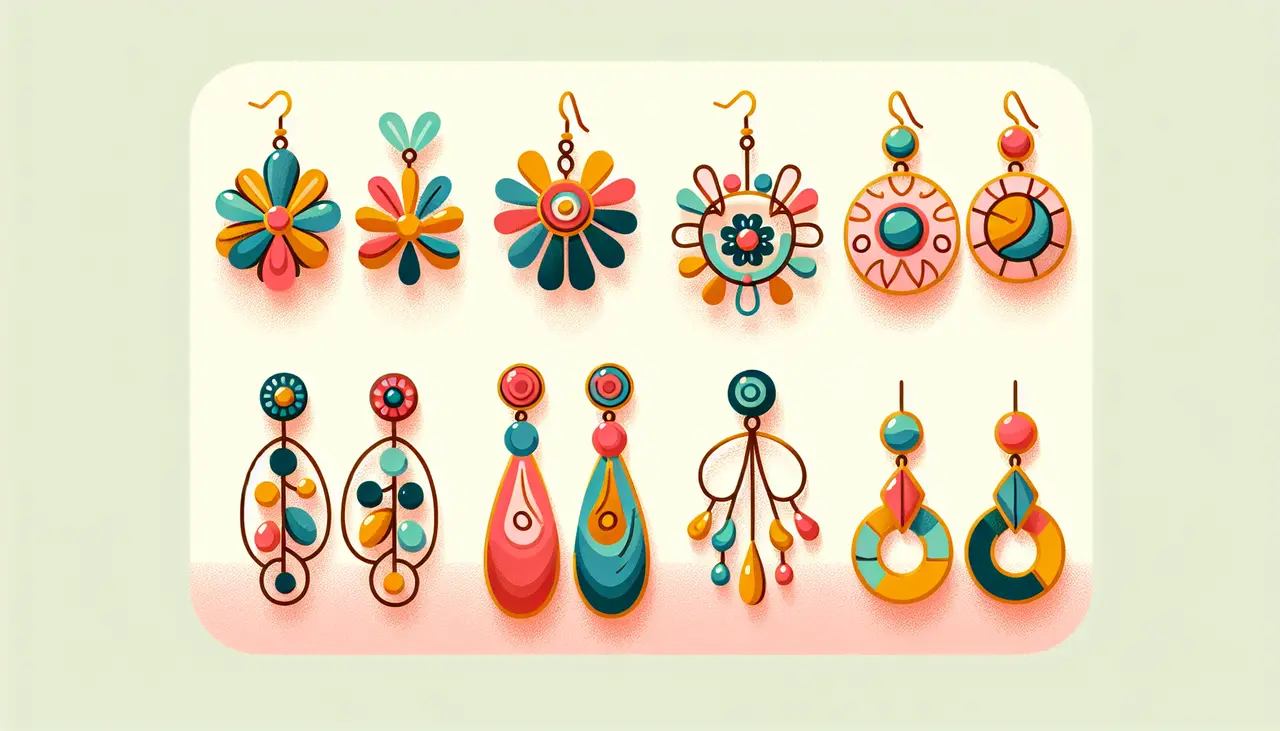 Draw a graphic in flat design style. A collection of ten pairs of colorful, elegant handmade earrings displayed neatly on a soft pastel background, with each pair showcasing unique shapes and designs.