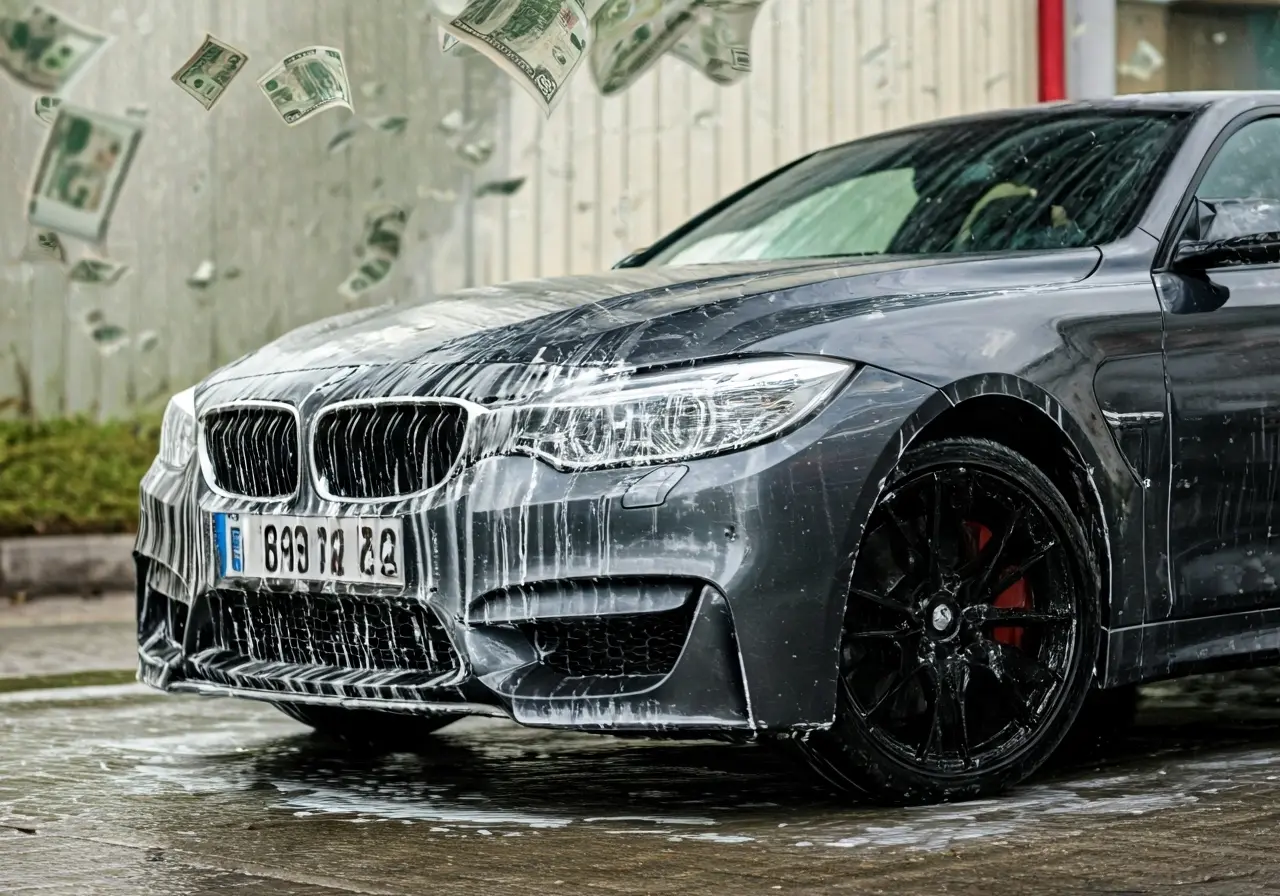 A car being washed with money falling in the background. 35mm stock photo