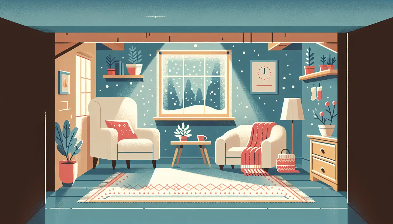 Draw a graphic in flat design style. A cozy, winter-ready basement with a comfortable armchair, a warm rug, and snow gently falling outside a small window.