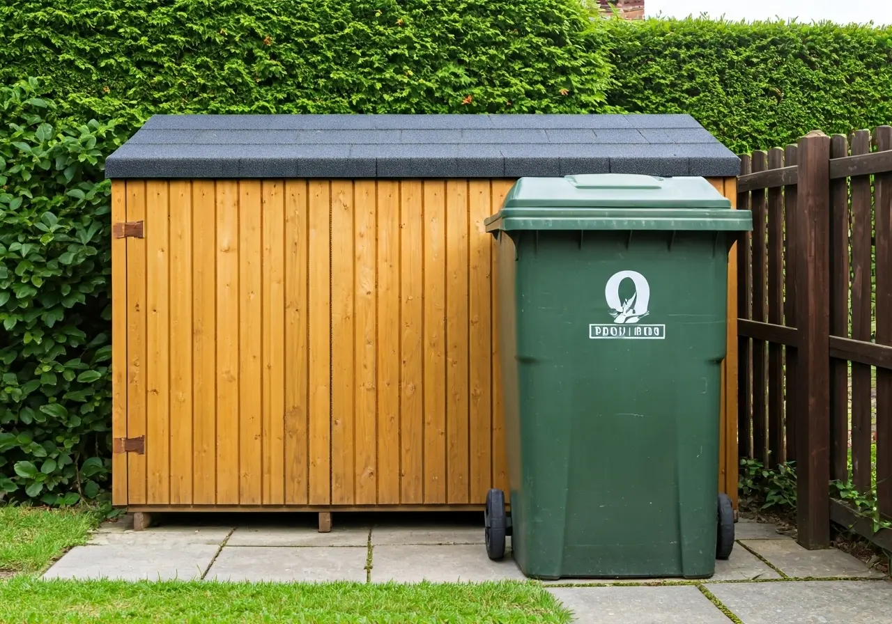 A neatly organized wooden trash can shed in a backyard. 35mm stock photo