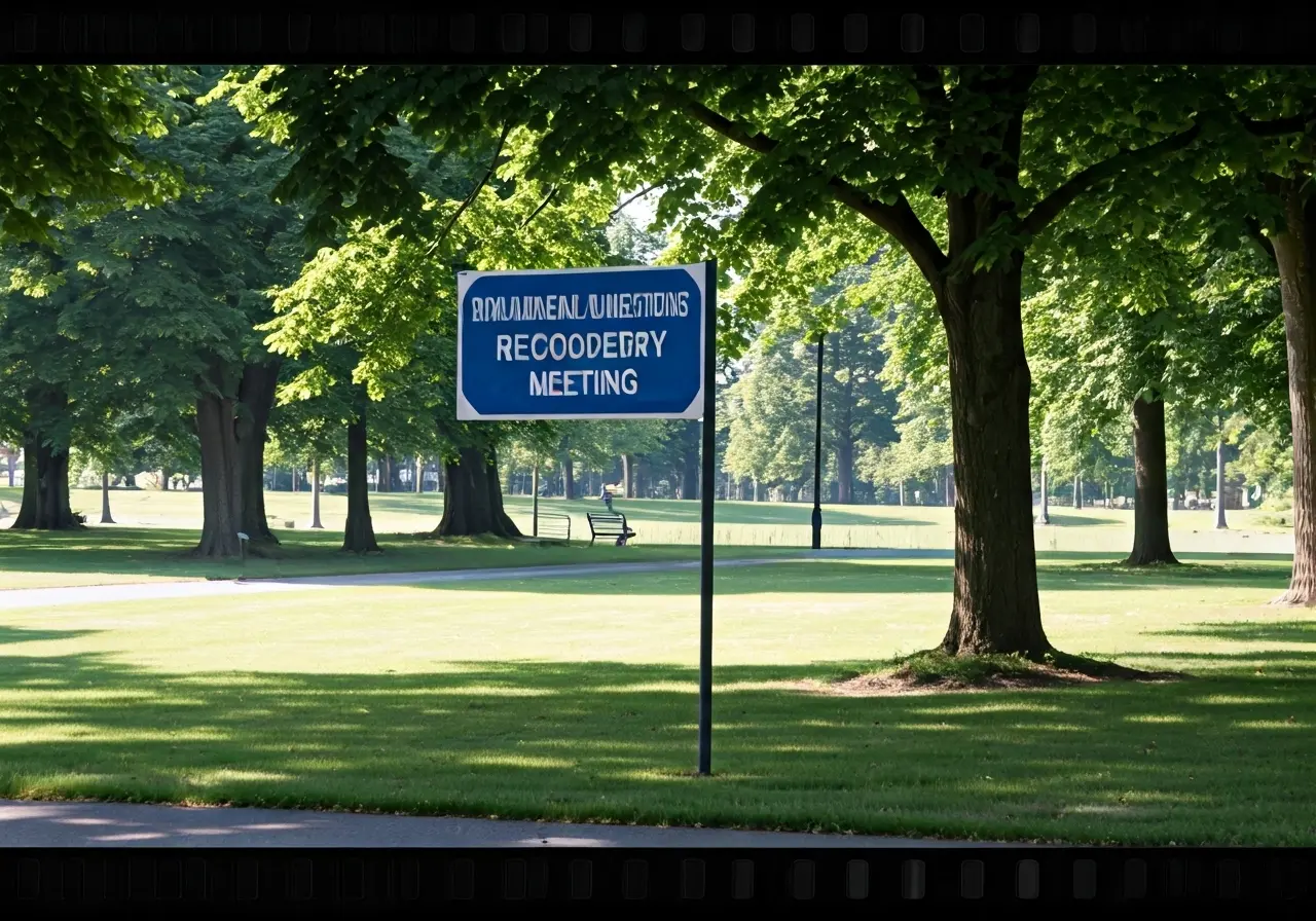 A serene park scene with a sign for a recovery meeting. 35mm stock photo