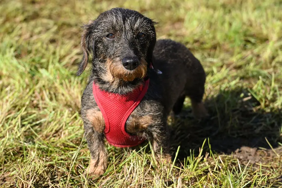 Cute wire-haired dachshund wearing a red harness stands alert in a grassy field.