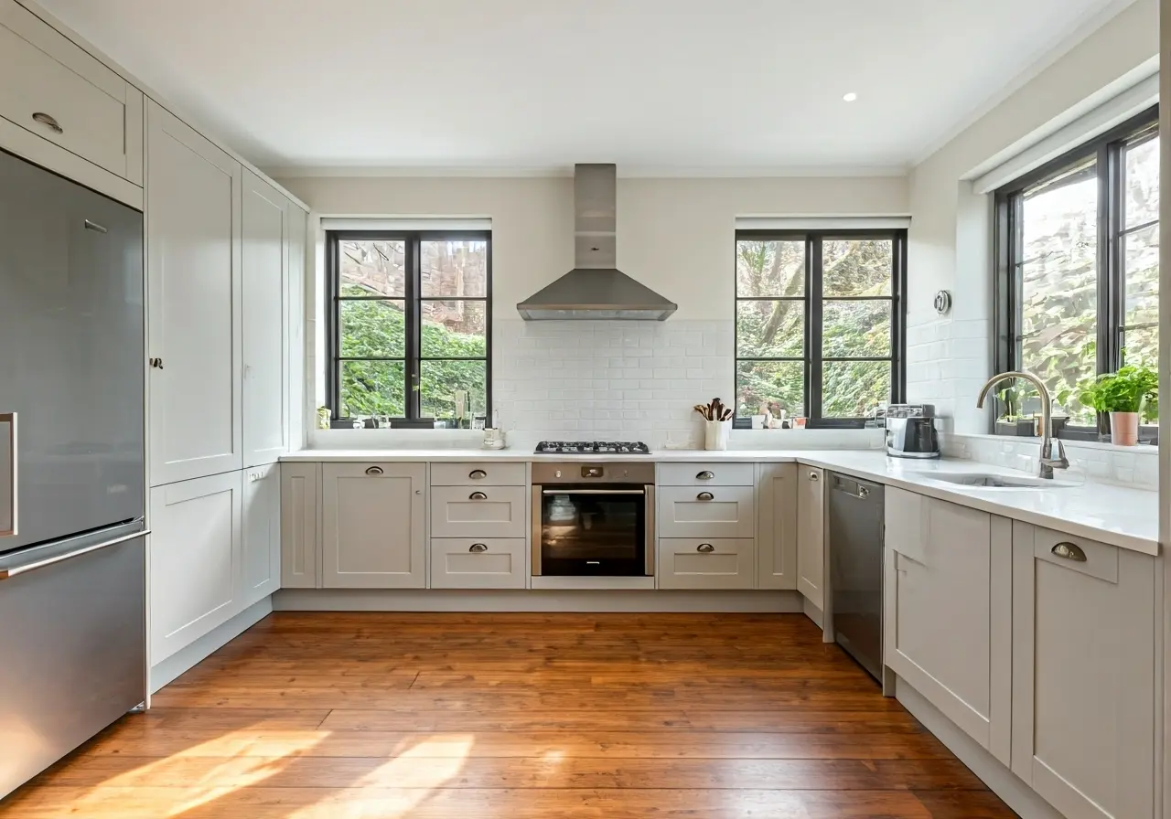 A beautifully renovated modern kitchen with natural light flooding in. 35mm stock photo