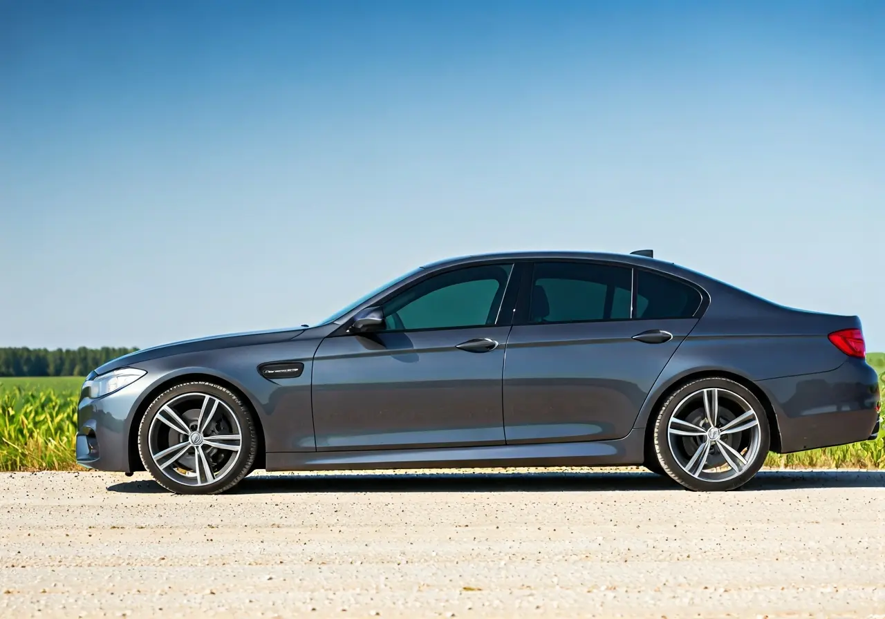 A car with tinted windows parked under a sunny sky. 35mm stock photo
