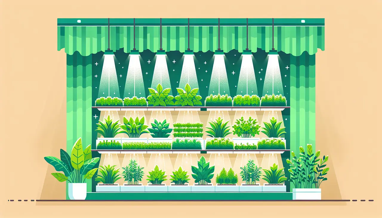 Draw a graphic in flat design style. An indoor farm scene with rows of vertically stacked, brightly lit green plants growing under LED lights.
