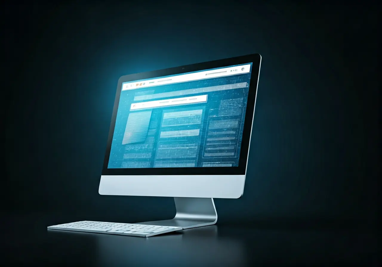A futuristic graphic of a computer transforming into a website. 35mm stock photo