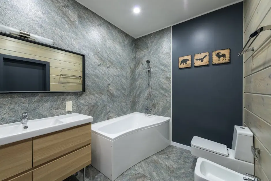 Contemporary bathroom featuring a sleek design with wooden accents and modern fixtures.