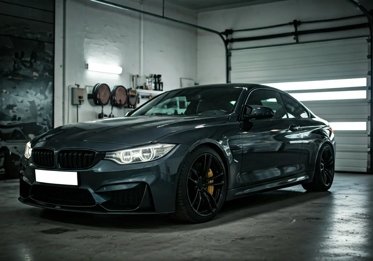 A shiny car being meticulously detailed in a garage. 35mm stock photo