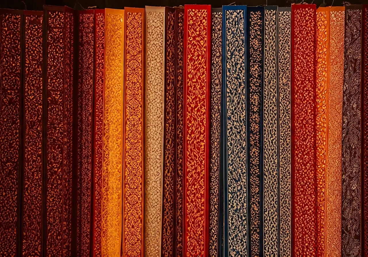 A colorful array of intricately cut paper designs on display. 35mm stock photo
