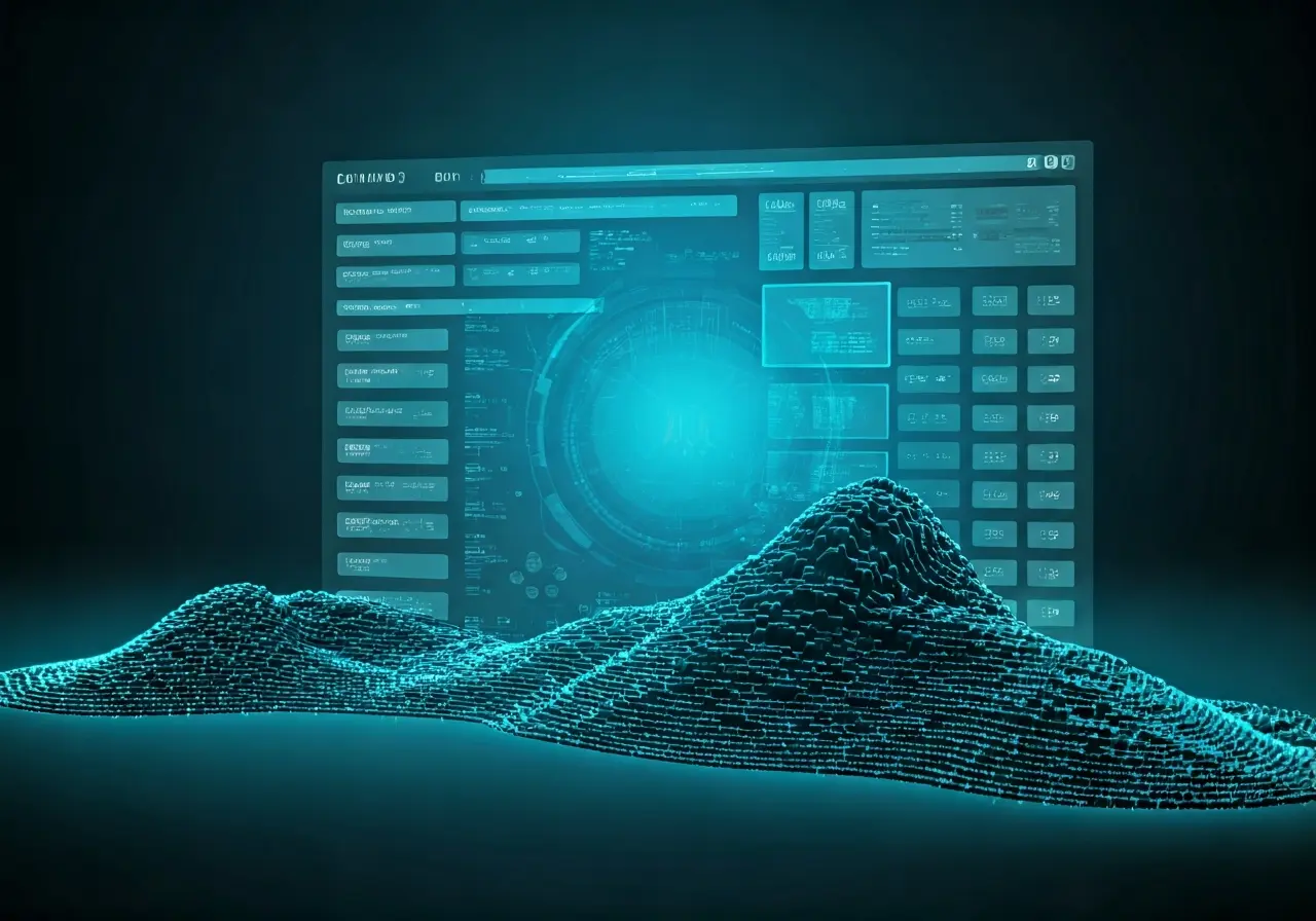A futuristic digital landscape showing AI creating a website interface. 35mm stock photo
