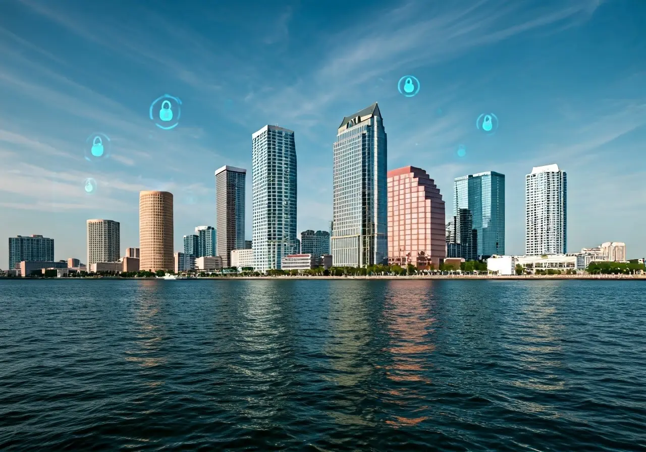 A skyline view of Tampa Bay with digital security icons. 35mm stock photo