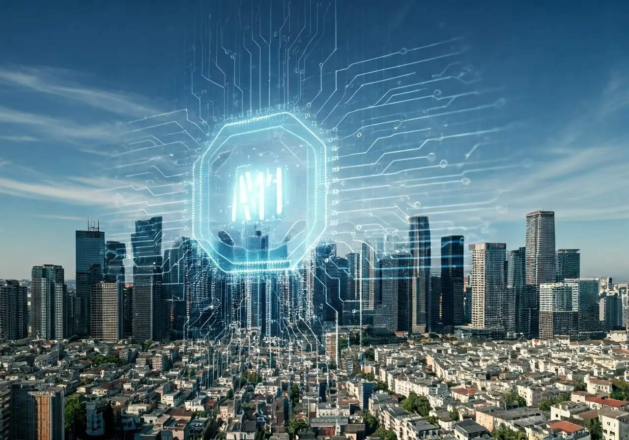 Futuristic city skyline with glowing AI symbols and circuits. 35mm stock photo