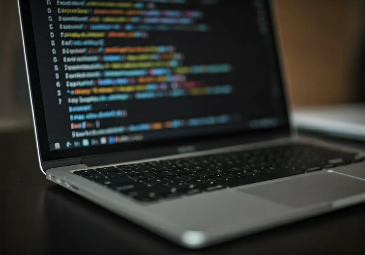 A close-up of a keyboard and MacBook screen showing code. 35mm stock photo