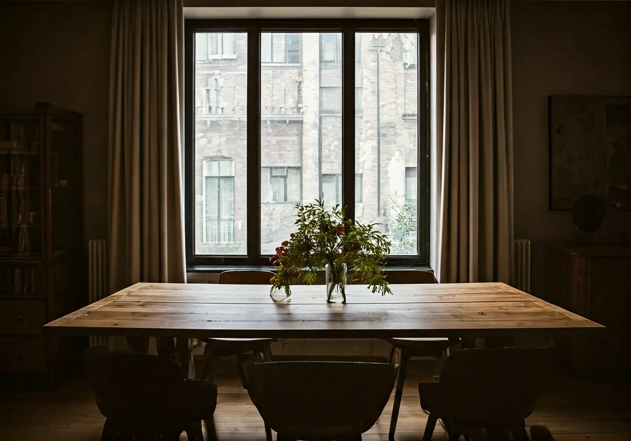 A rustic natural wood table in a stylish New York dining room. 35mm stock photo