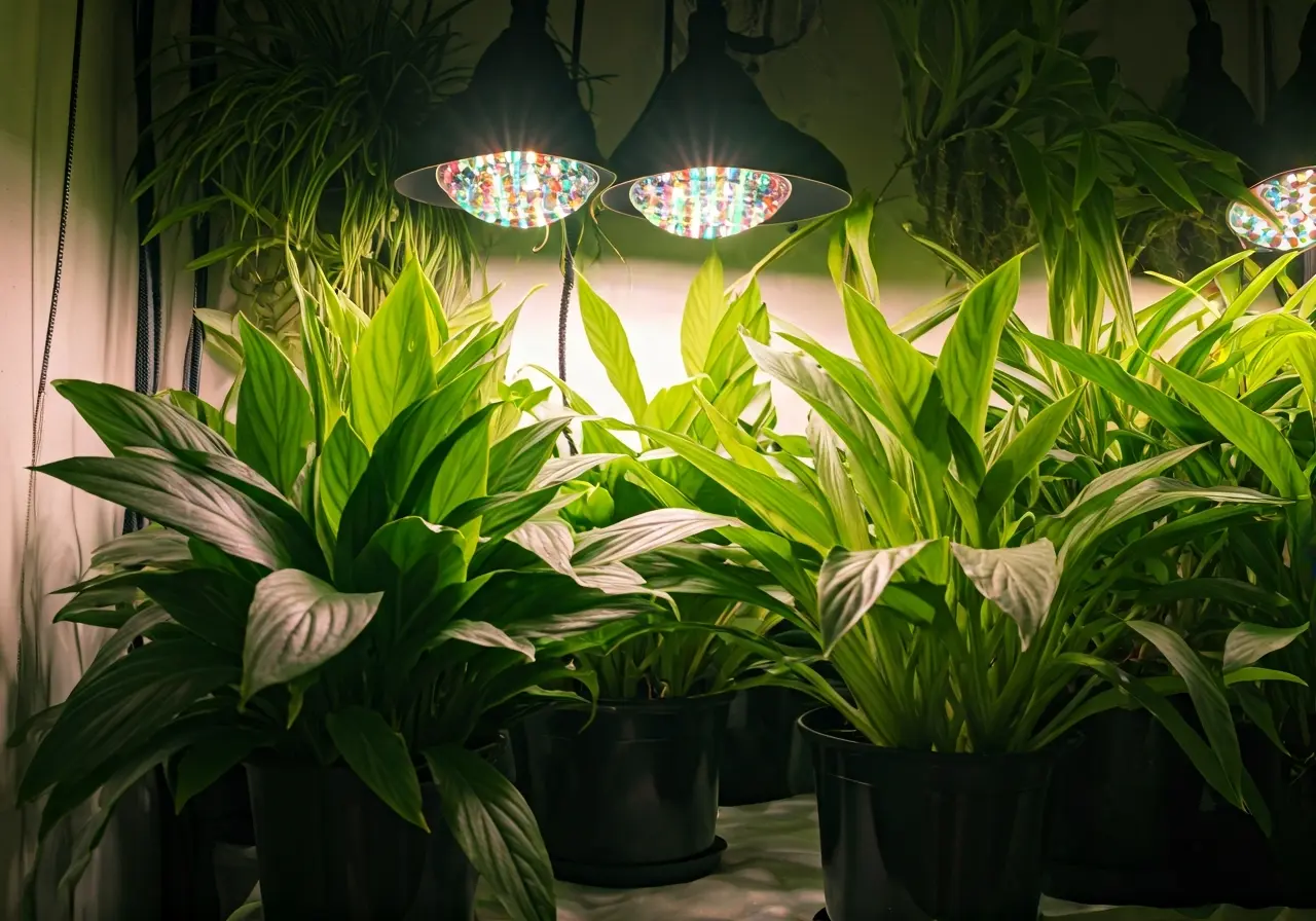 Lush green plants thriving under artificial indoor grow lights. 35mm stock photo