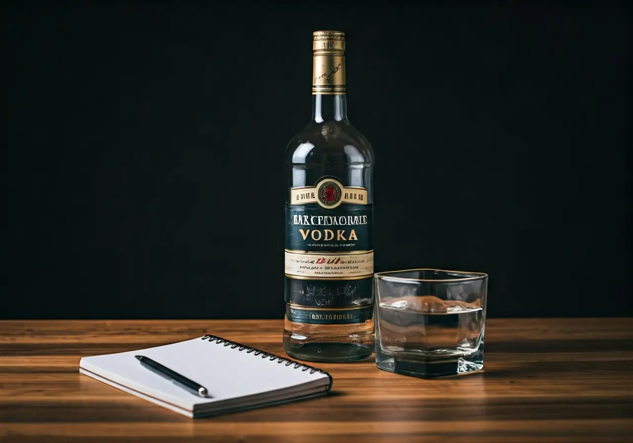 A half-filled vodka bottle next to a recovery journal. 35mm stock photo