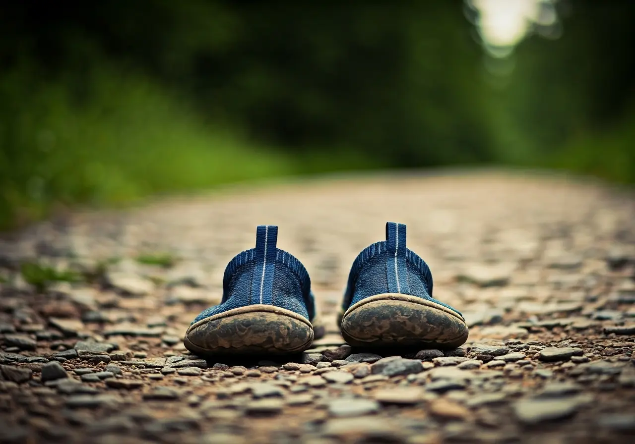 A pair of well-worn barefoot shoes on a rocky path. 35mm stock photo