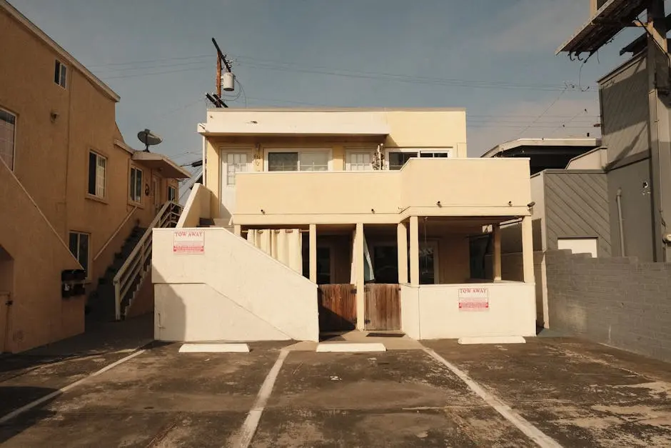 A two-story beige concrete building with a flat roof showing a residential architecture style, captured in an empty driveway.