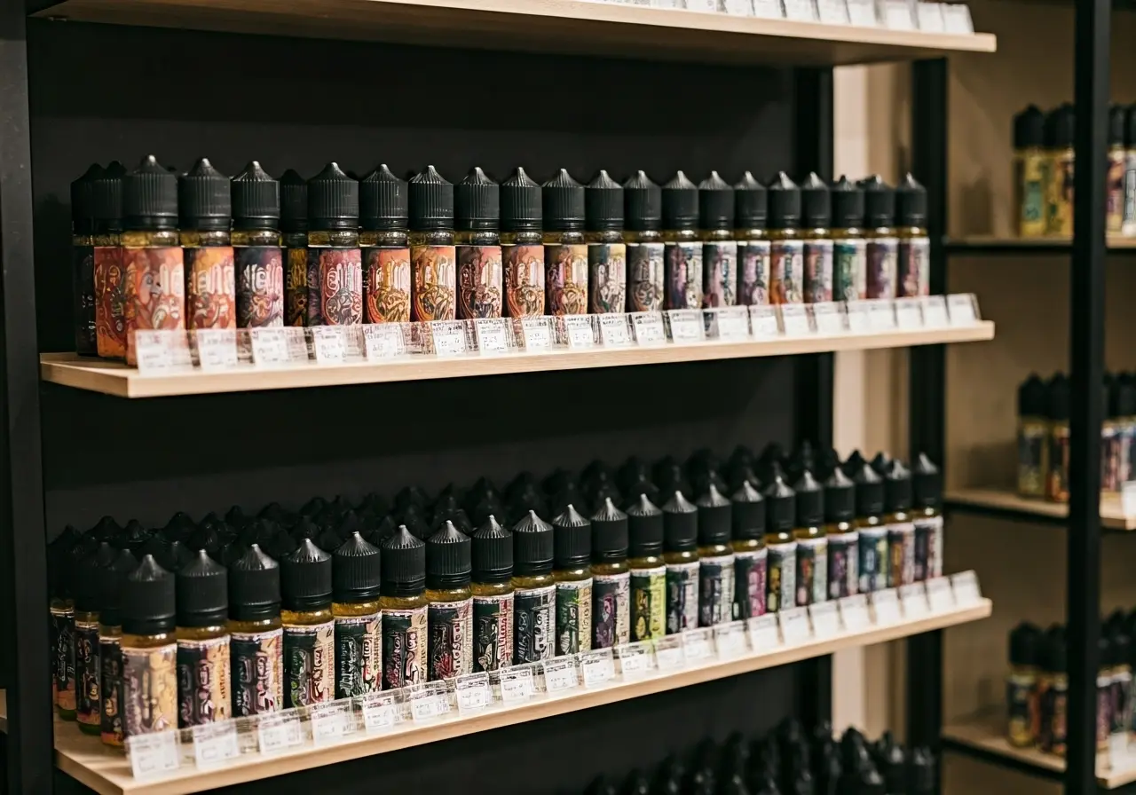 Colorful vape juice bottles lined up neatly on display shelves. 35mm stock photo