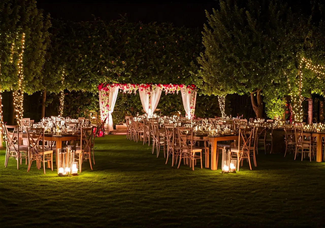 A beautifully arranged garden with elegant lighting and decor. 35mm stock photo