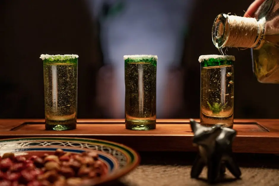 Close-up of tequila shots with salty rims being poured, perfect for a Mexican celebration.