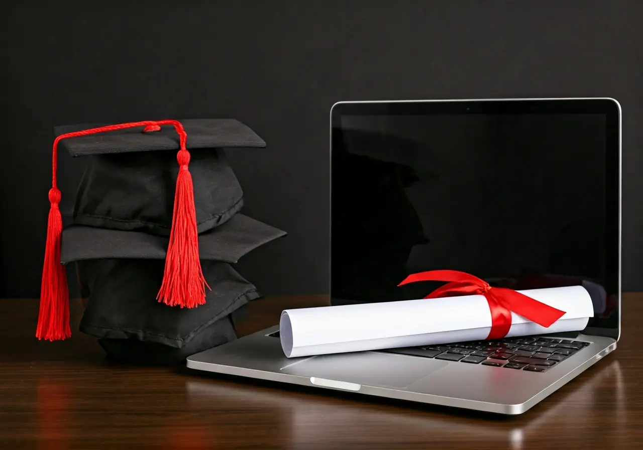 A stack of graduation caps and diplomas on a laptop. 35mm stock photo