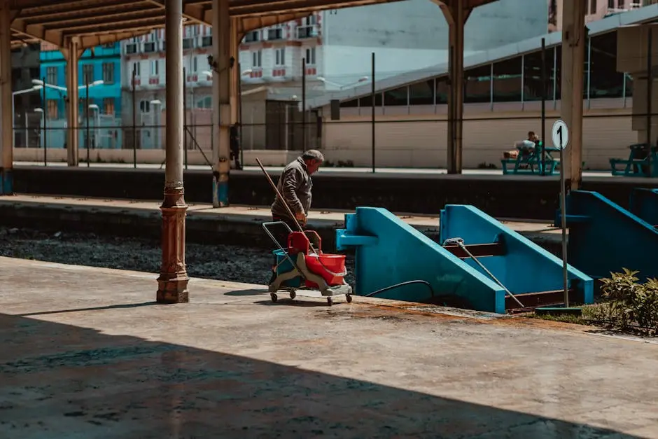 A man cleaning a railroad station platform with cleaning equipment, under a roofed area.
