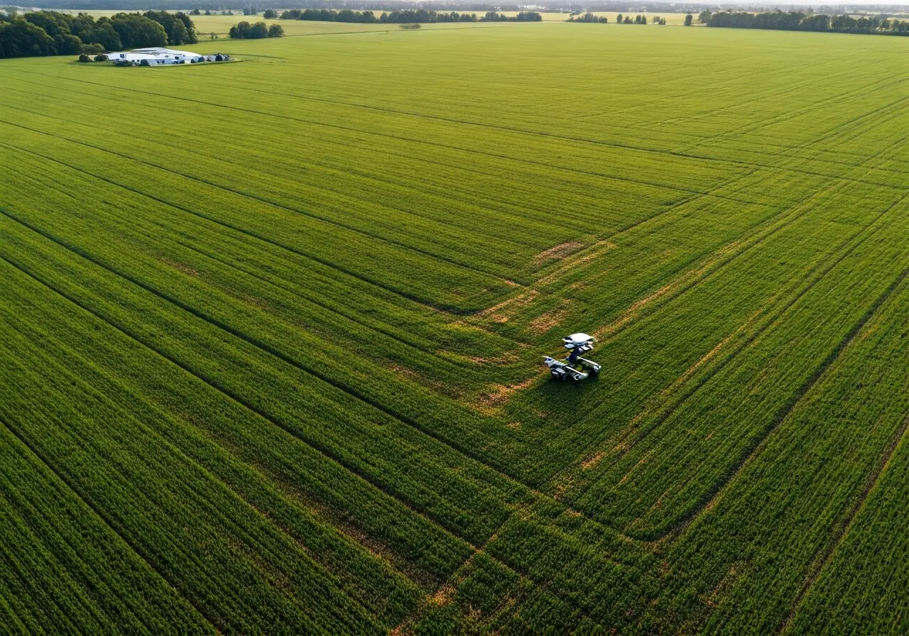 Aerial view of a drone surveying a lush green farm. 35mm stock photo