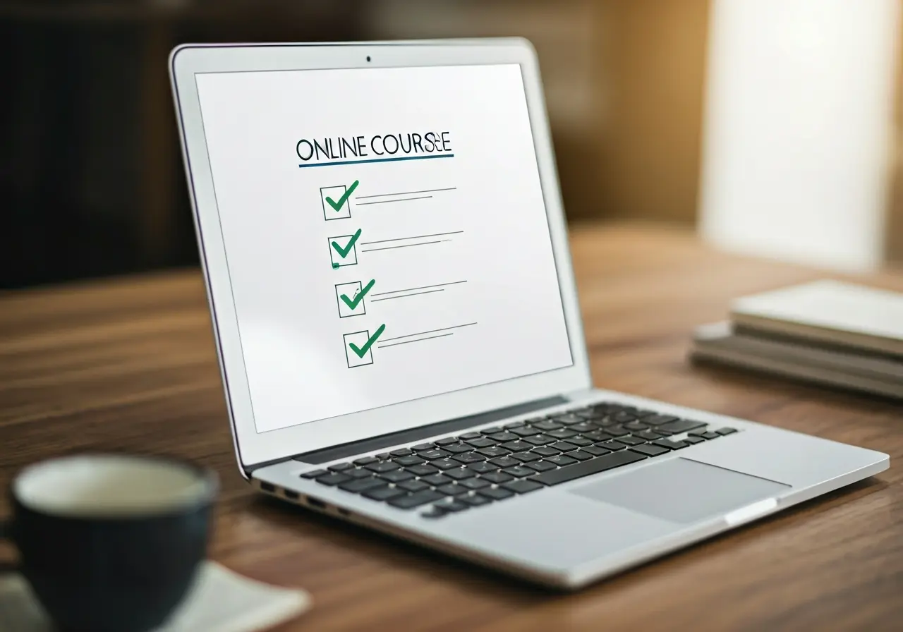 A laptop displaying an online course with a checklist. 35mm stock photo