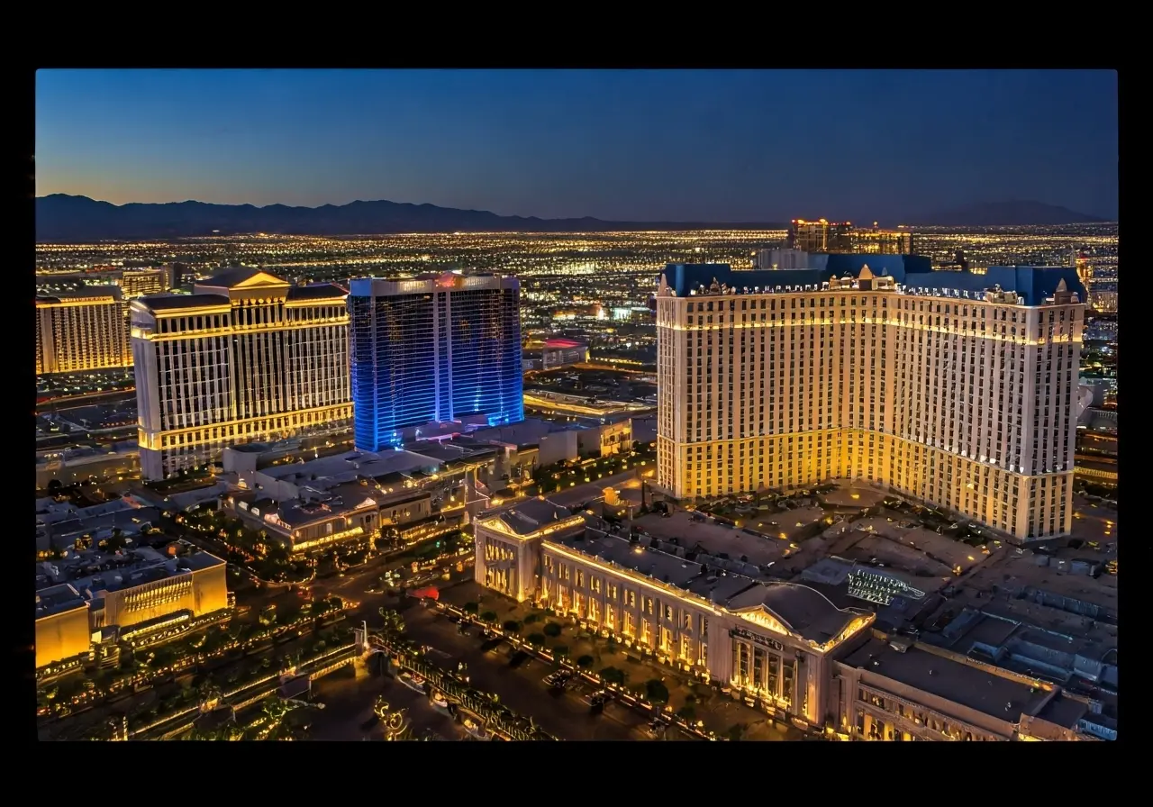 Aerial view of Las Vegas with bright city lights. 35mm stock photo