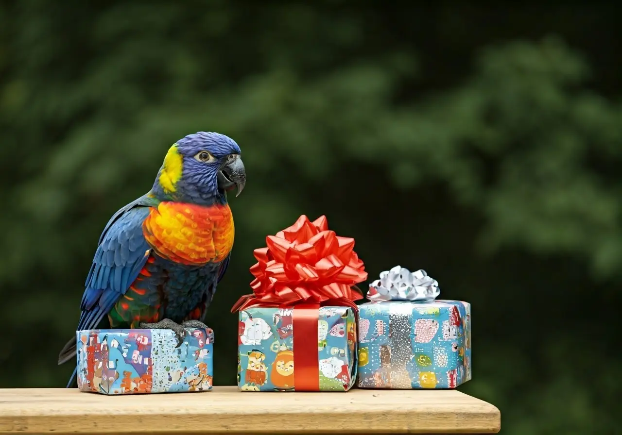 A colorful parrot perched beside wrapped birthday gifts. 35mm stock photo