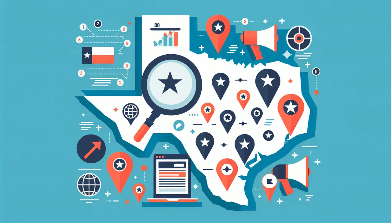 Draw a graphic in flat design style. A flat design map of Texas with location pins and digital marketing icons scattered around, depicting online visibility improvements.