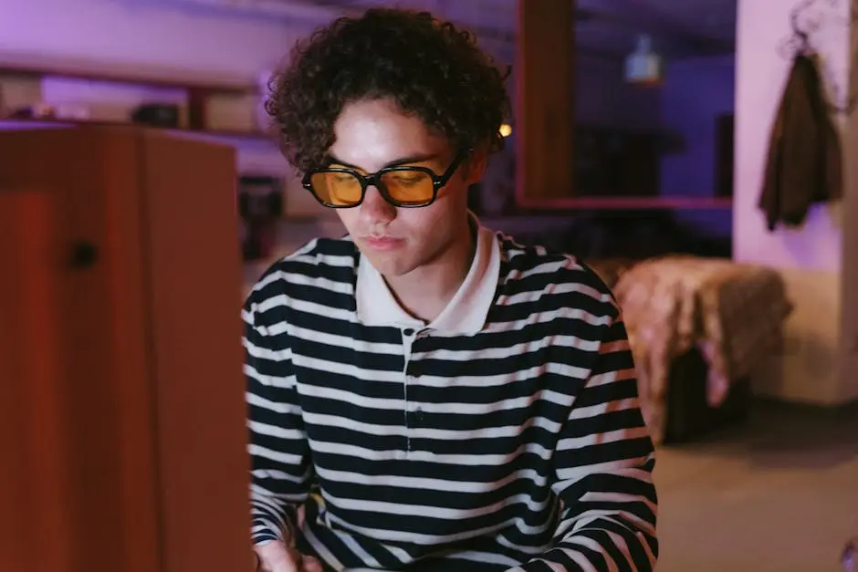 Teenager wearing eyewear focused on using a desktop computer indoors with a retro vibe.