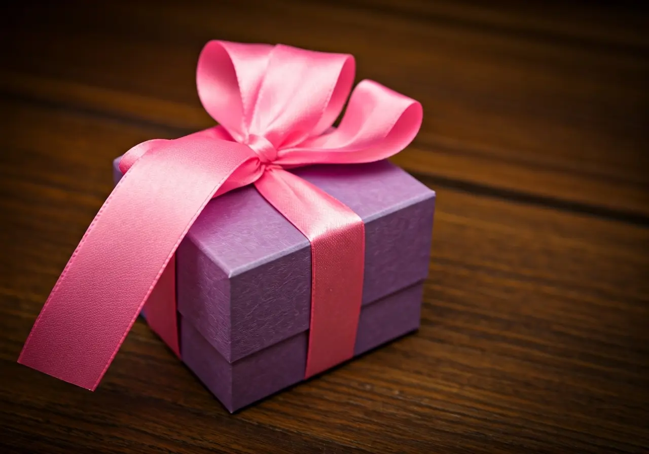 A stylishly wrapped, elegant gift box with a pink bow. 35mm stock photo