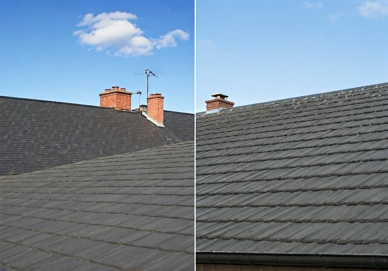 A side-by-side comparison of metal and shingle roofs. 35mm stock photo