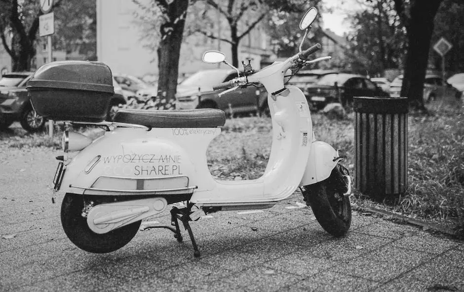 Electric scooter parked on a city sidewalk, available for rental, in a black and white urban scene.