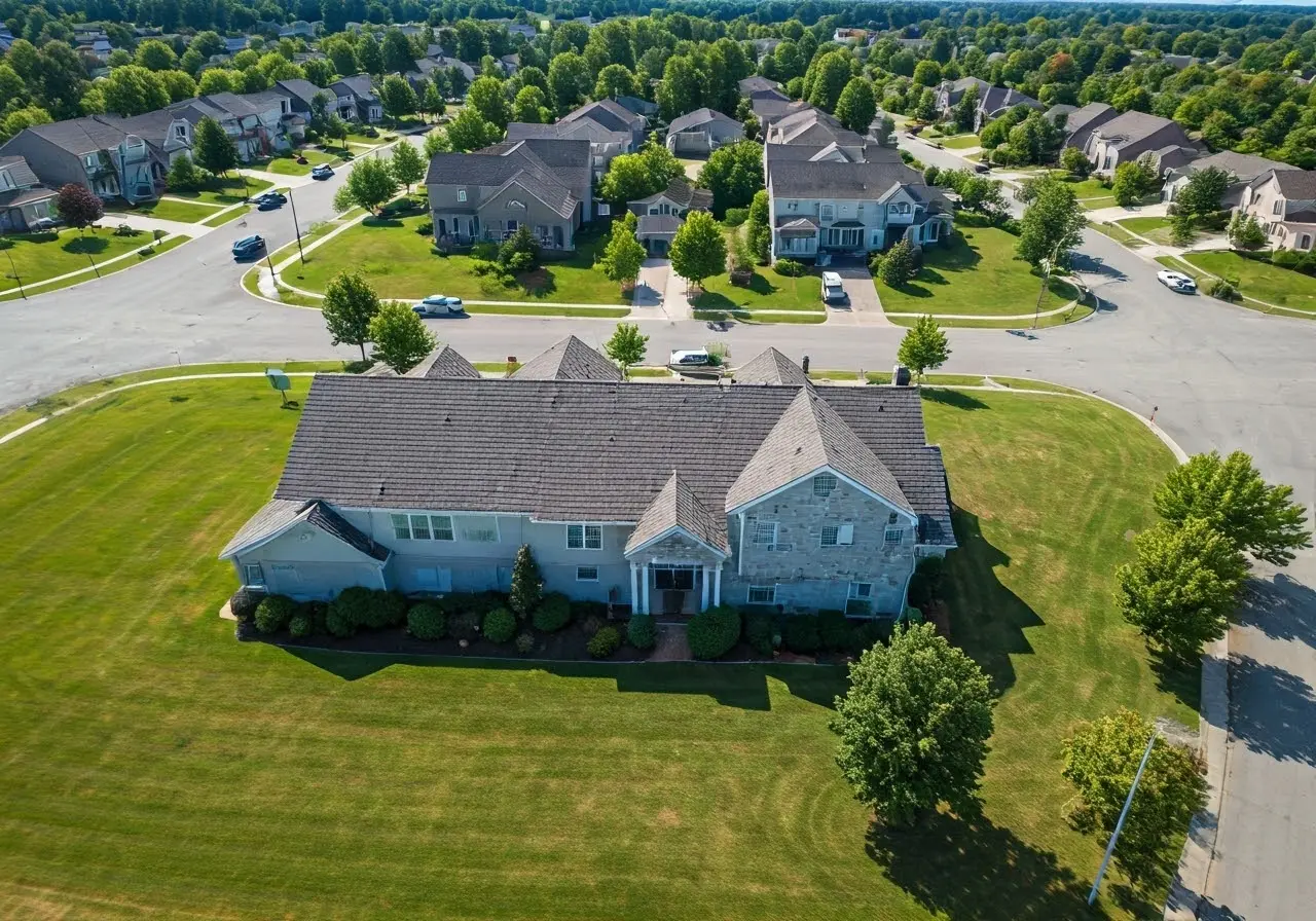 Aerial view of diverse neighborhood homes with varying property sizes. 35mm stock photo
