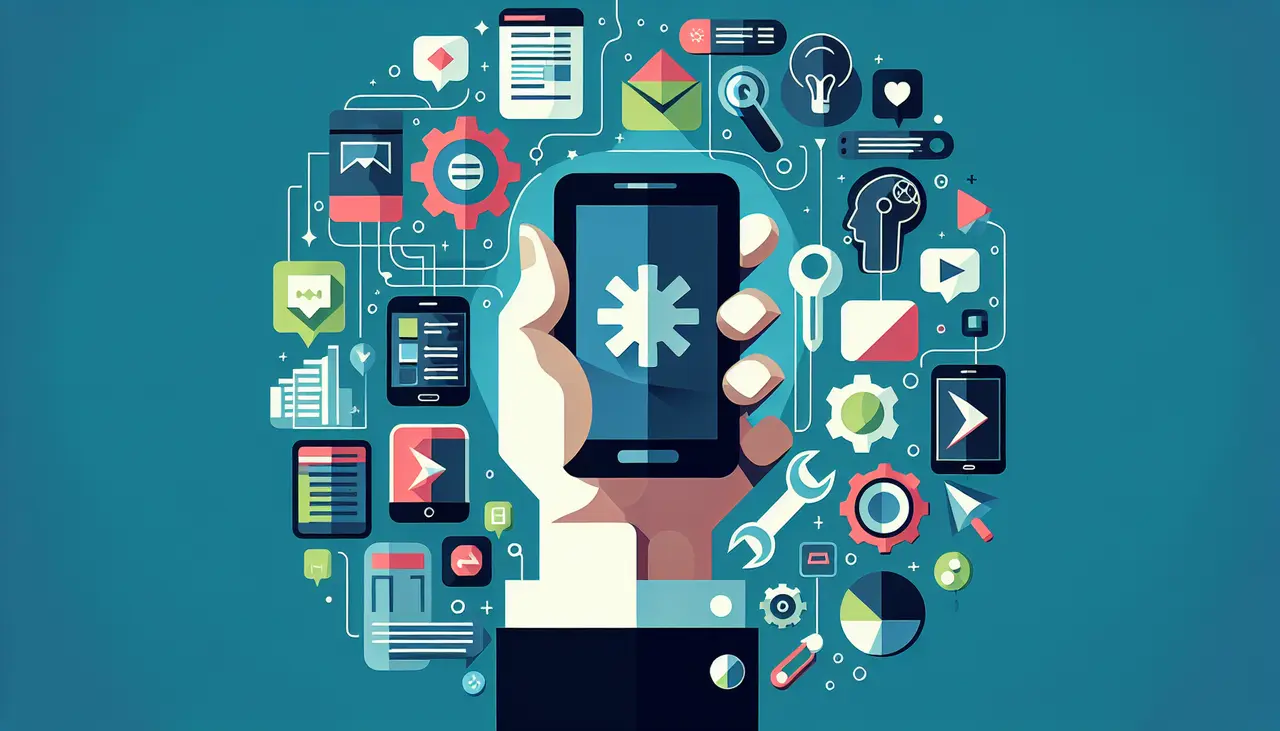 Draw a graphic in flat design style. A flat design illustration of a hand holding a smartphone, with various developer tools and app icons floating around it, symbolizing the selection of a skilled app developer for a startup.