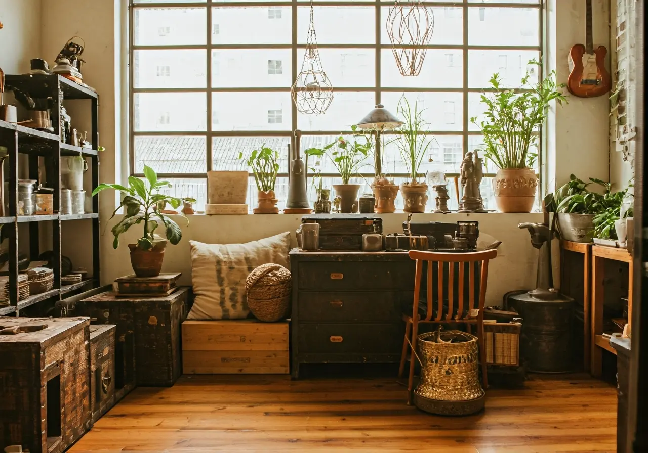 A tidy living room filled with curated vintage items. 35mm stock photo