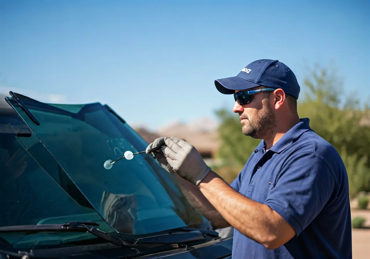 A mobile windshield technician repairing glass in sunny Arizona. 35mm stock photo