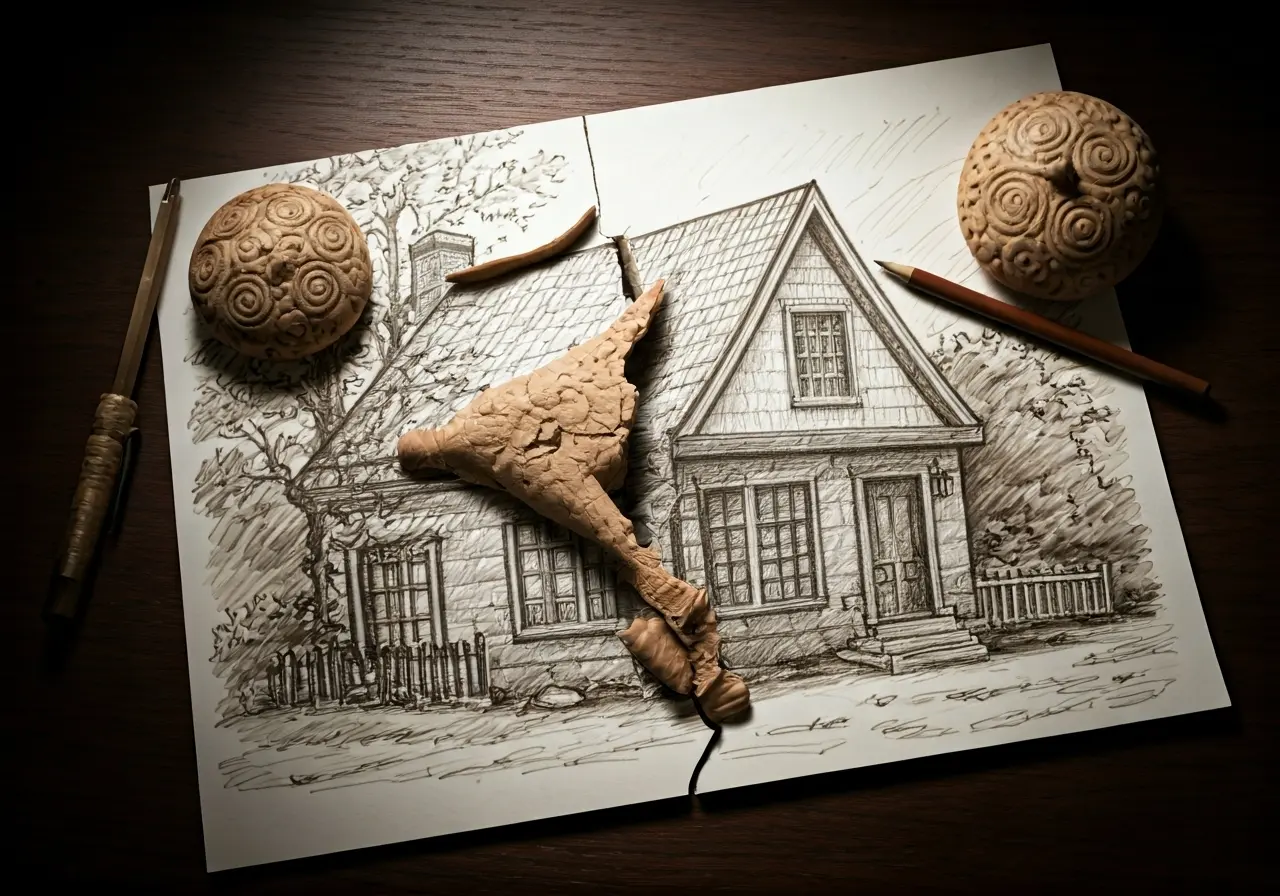 A broken myth symbol beside a house sketch. 35mm stock photo