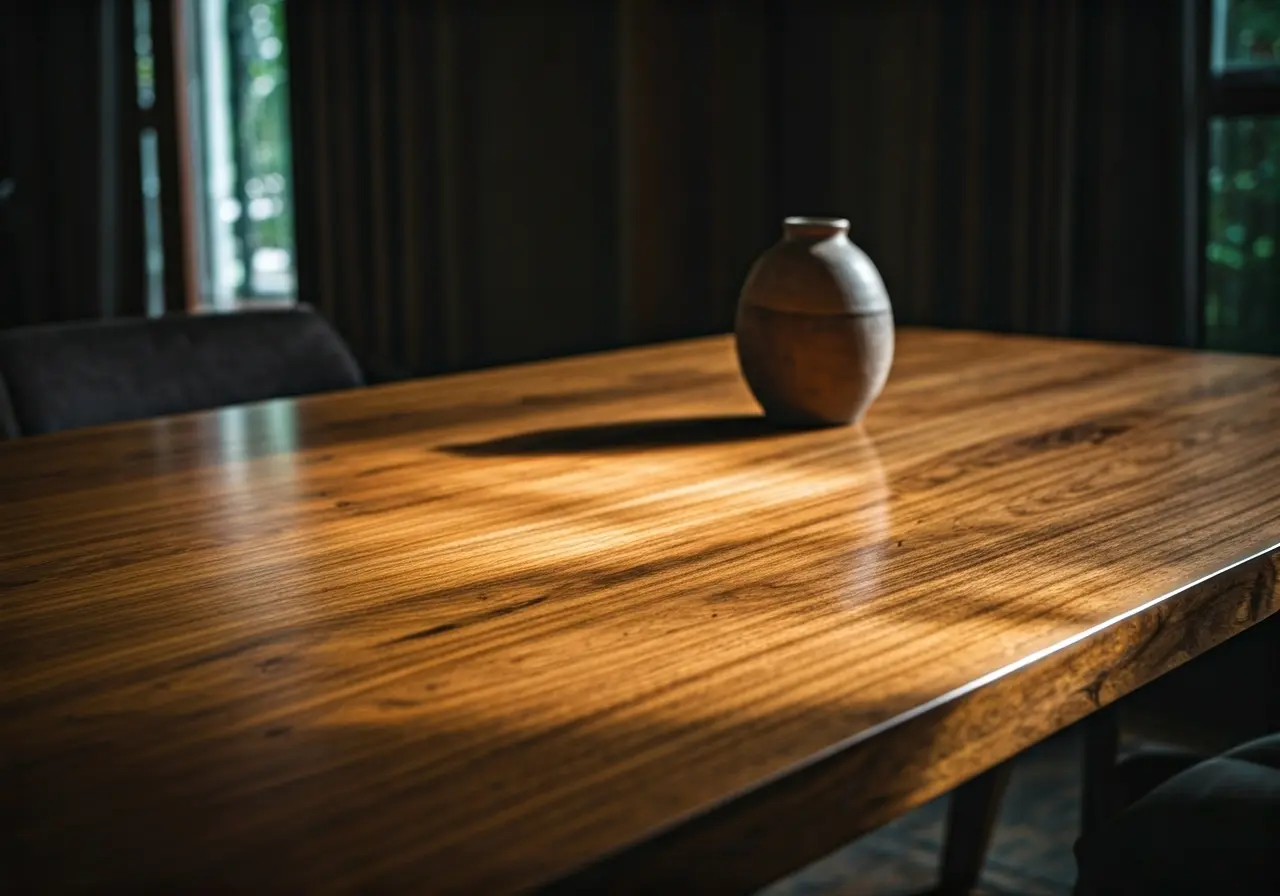 A polished solid wood table with a vase and sunlight. 35mm stock photo