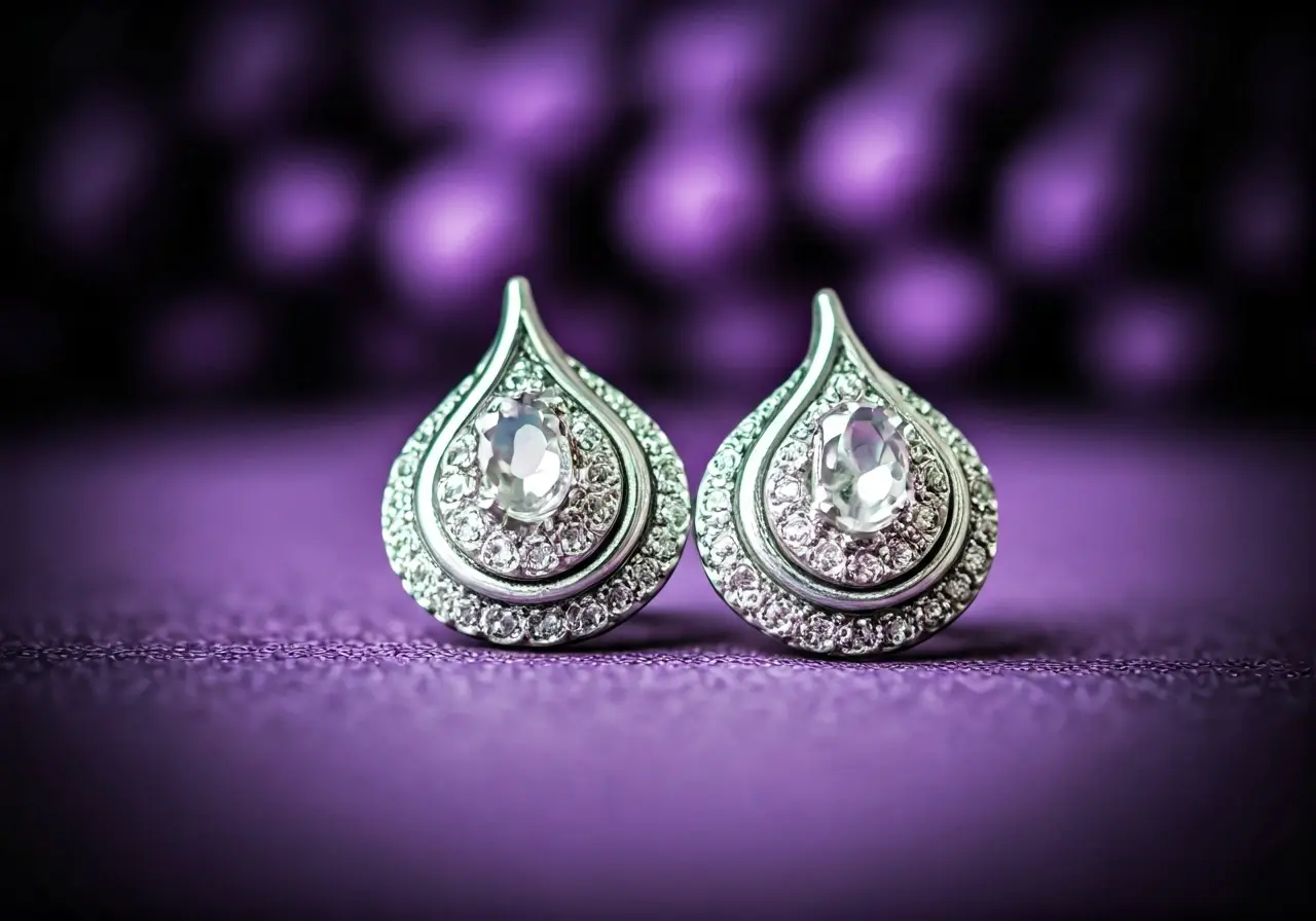 A close-up of silver earrings against a soft lavender background. 35mm stock photo