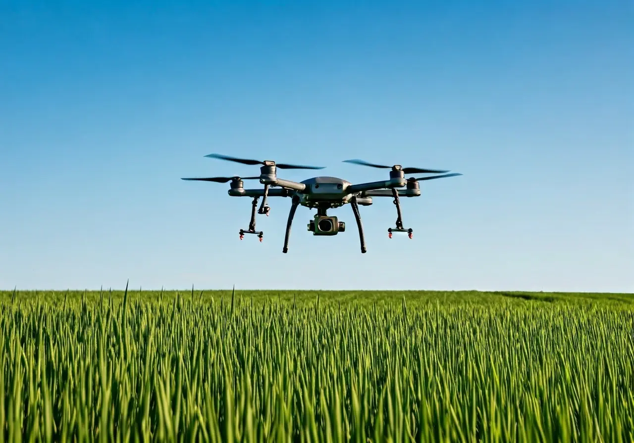 A drone spraying a green field under a clear blue sky. 35mm stock photo